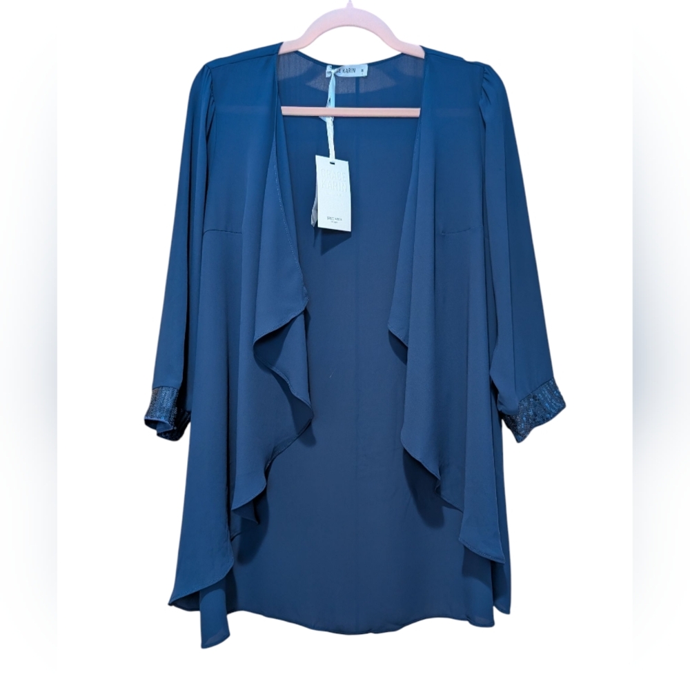 NWT Grace Karin Navy Blue Open Front Drape Sequins Sleeve Sheer Jacket S
